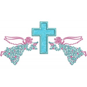 Two Angels And a Cross Ornate Religious Applique Machine Embroidery Design Digitized Pattern